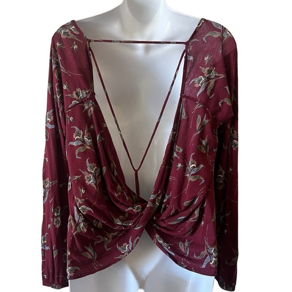 Free People burgundy floral open-back long sleeve top size S